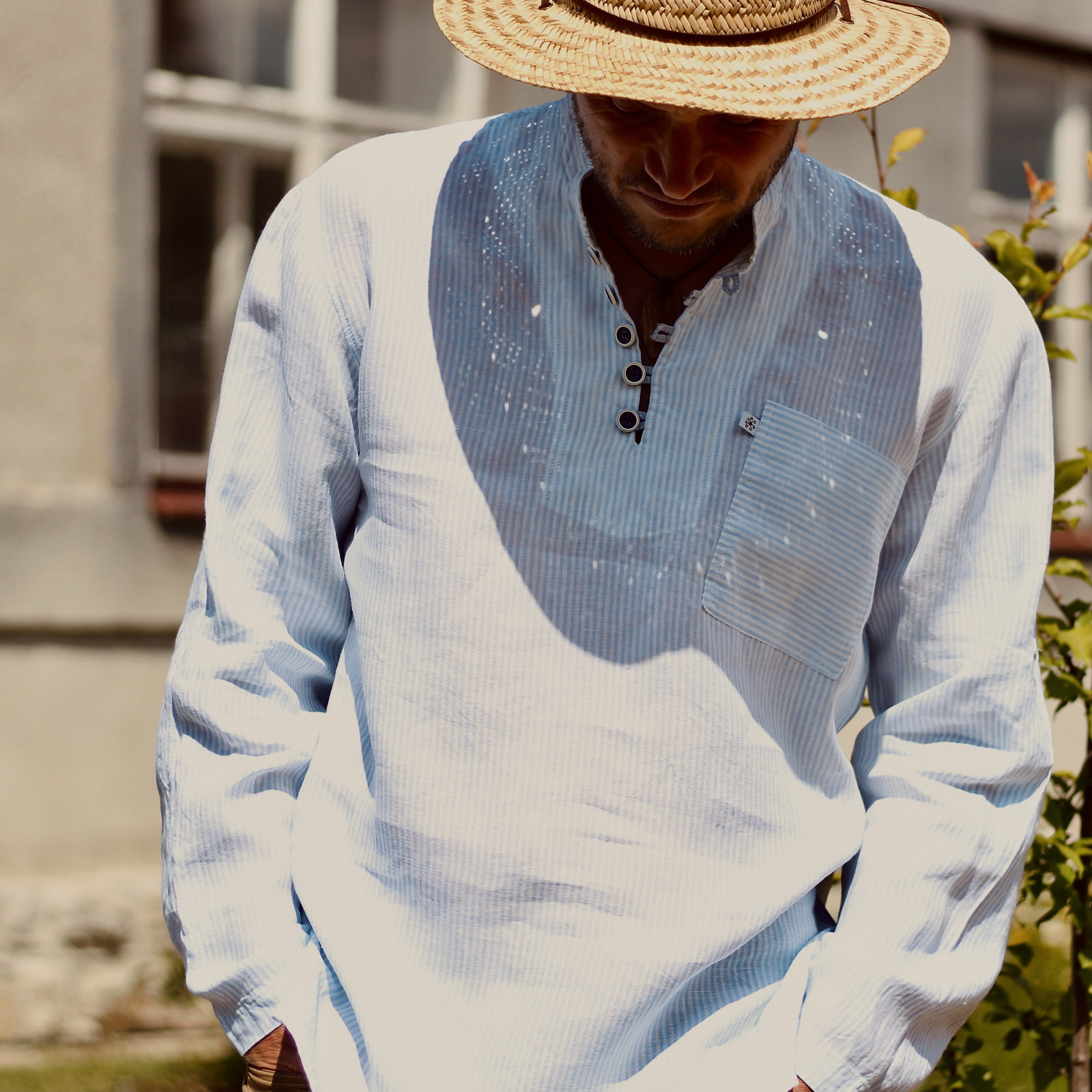 Lněná košile s poutky - modrý proužek